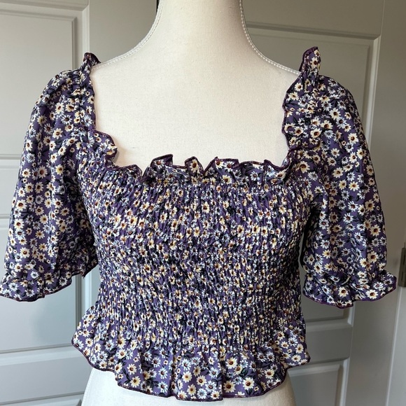Floral Smocked‎ Crop Top Ruffle Square Neck Purple Puff Sleeve Blouse Shirt - Picture 1 of 8